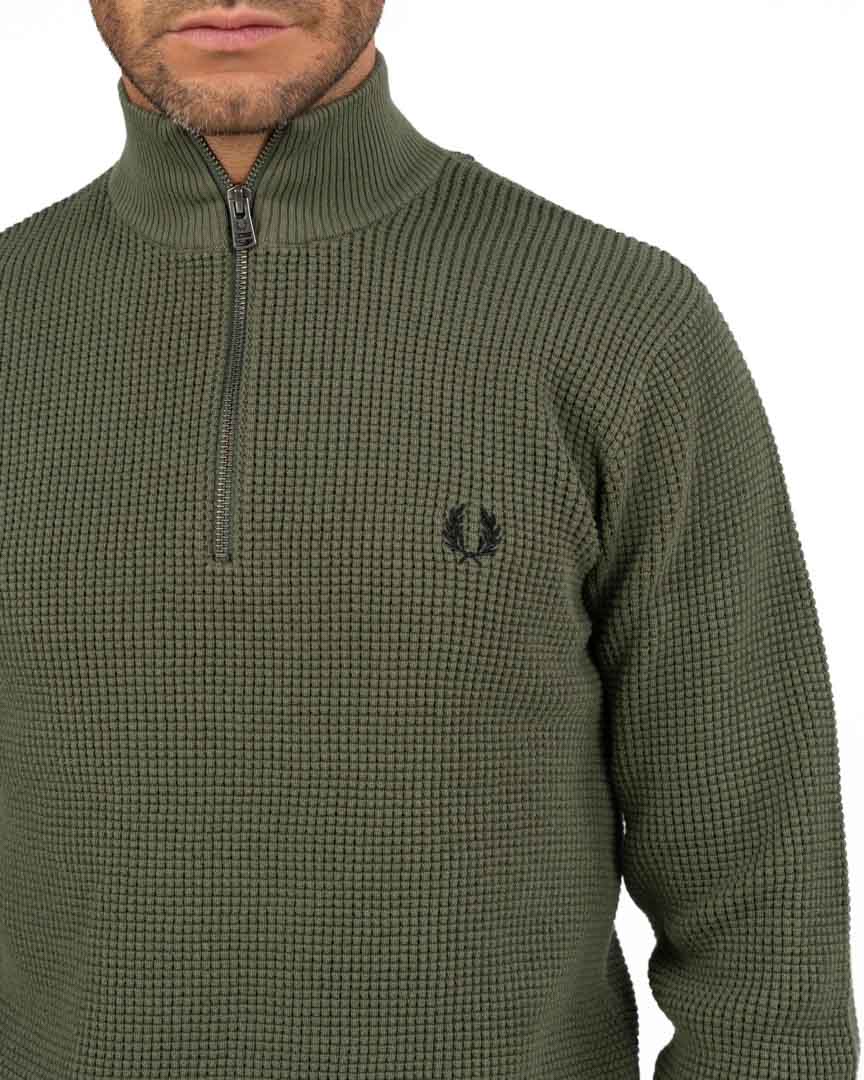 Maglione Mezza Zip in Maglia Lavorata Verde Militare - Fred Perry