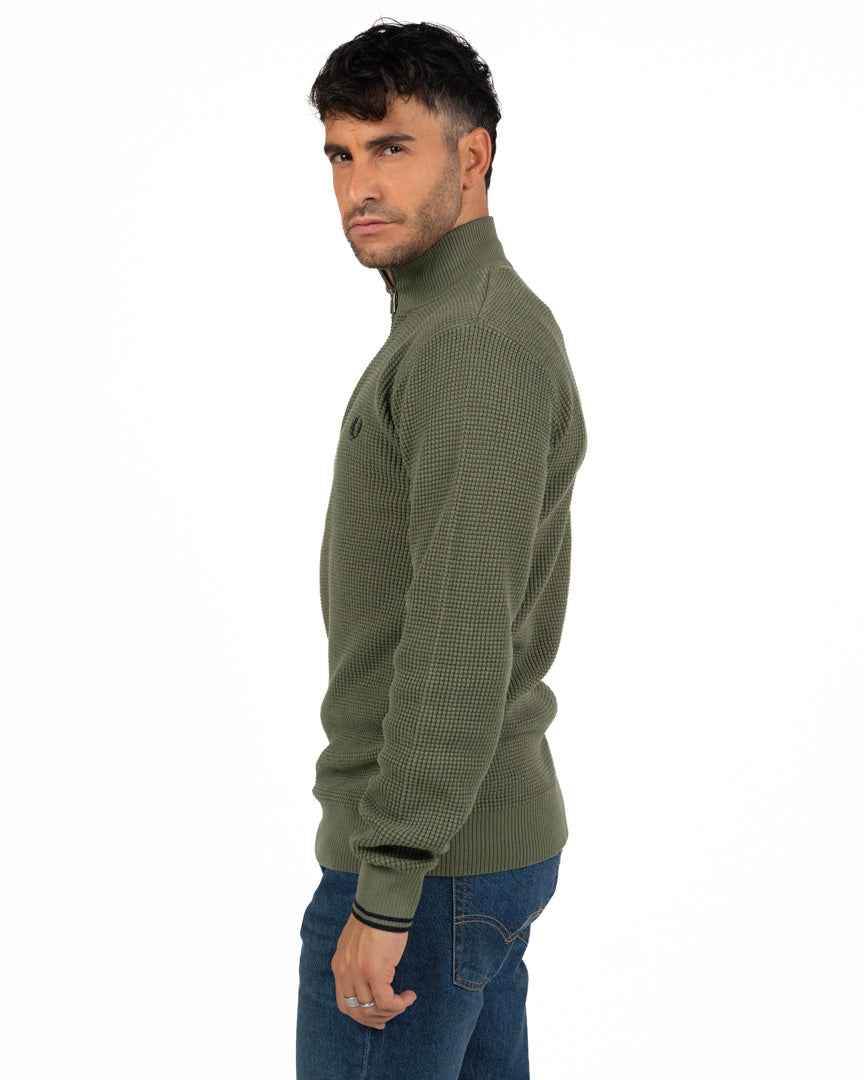 Maglione Mezza Zip in Maglia Lavorata Verde Militare - Fred Perry