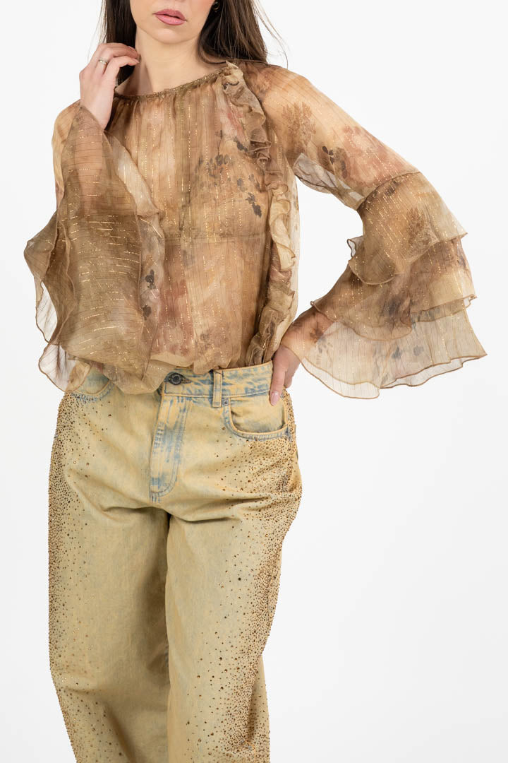 Camicia in Chiffon con Volant marrone - Souvenir