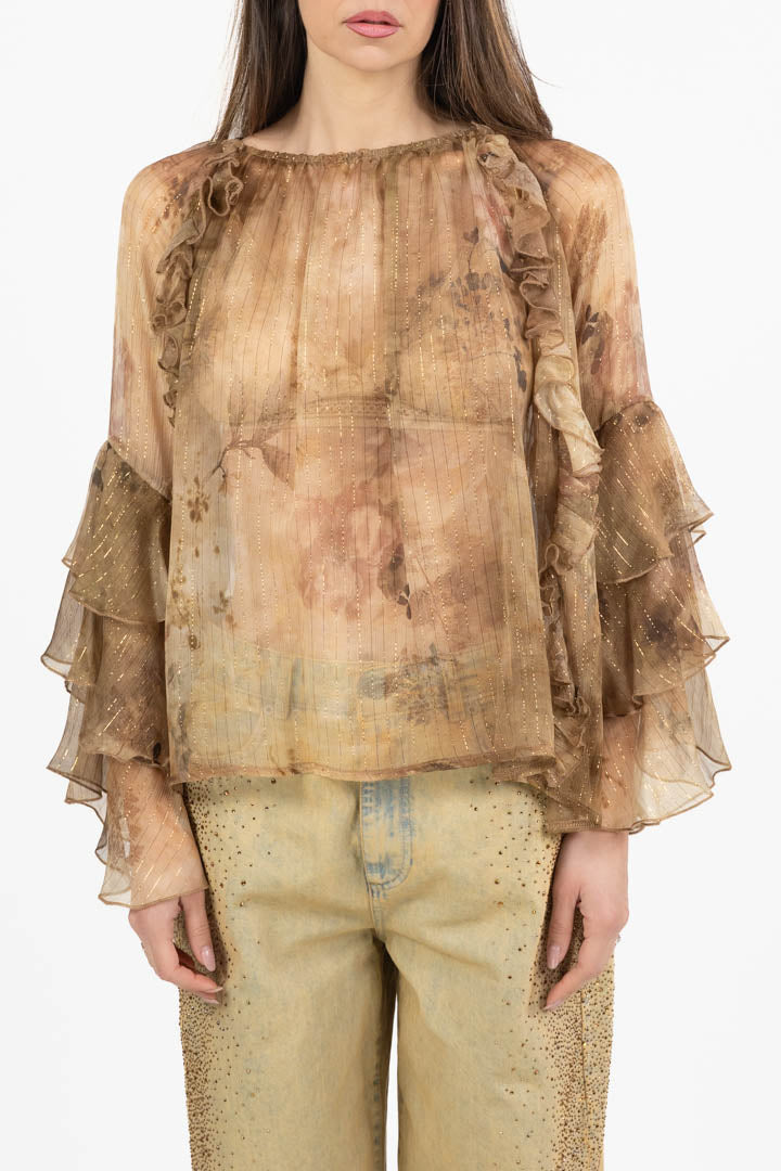 Camicia in Chiffon con Volant marrone - Souvenir