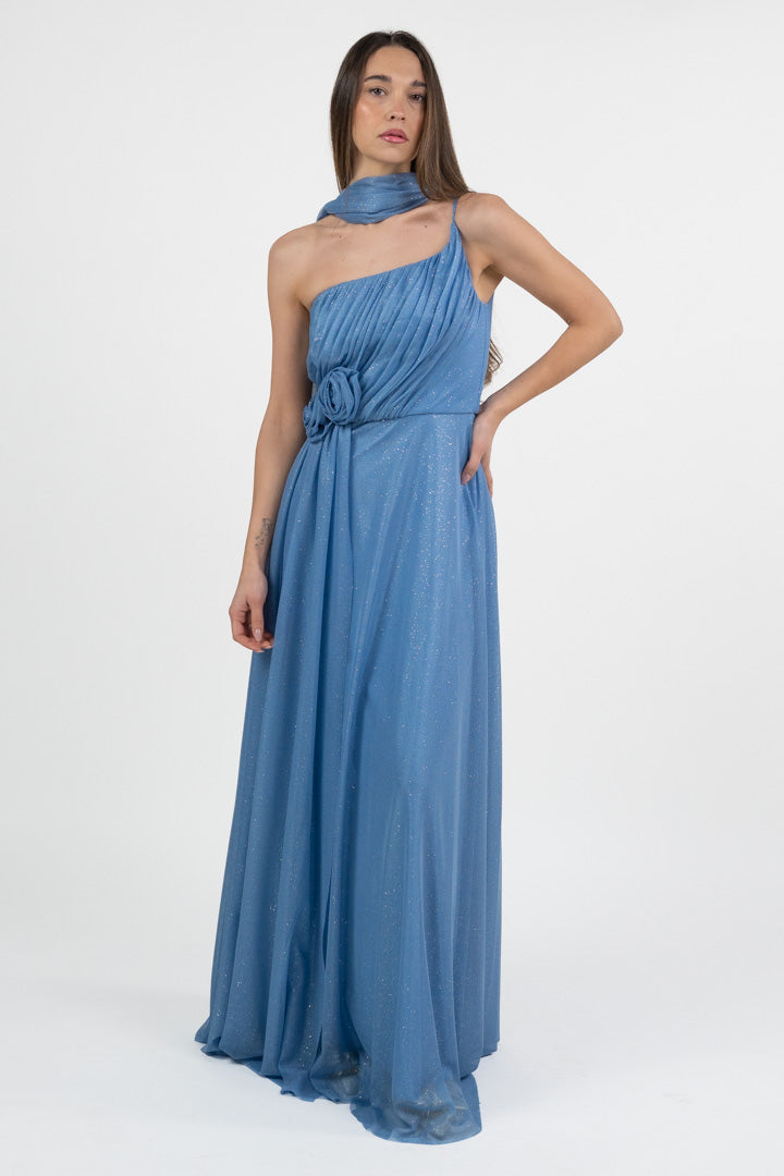 Abito monospalla in lurex azzurro - Berti Mode Collection