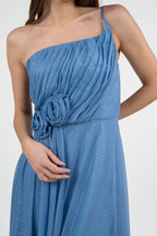 Abito monospalla in lurex azzurro - Berti Mode Collection
