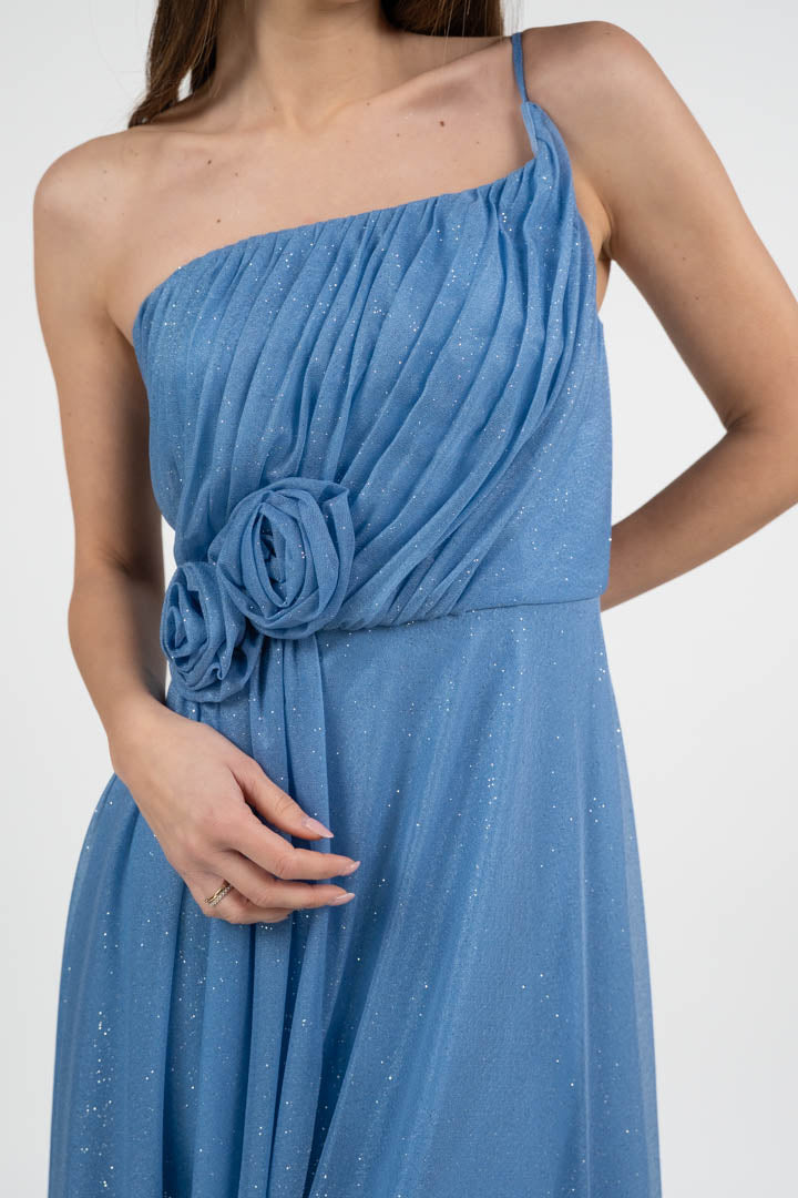 Abito monospalla in lurex azzurro - Berti Mode Collection