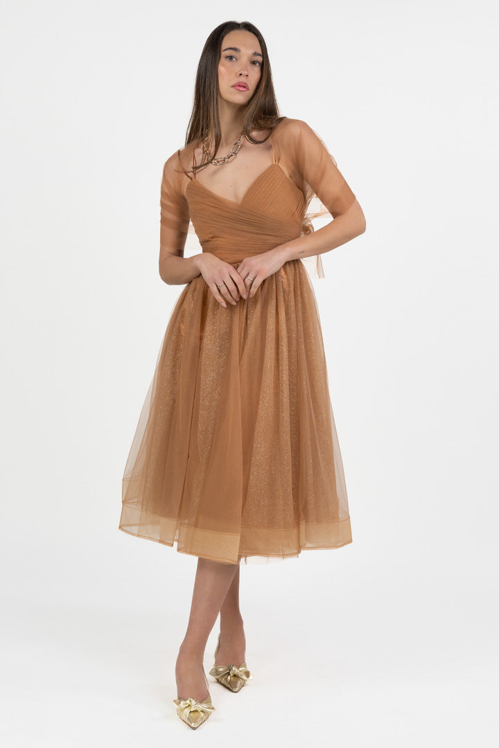 Abito Midi "Sparkle Dream" in Tulle Glitter – Color Caramello - Berti Mode Collection