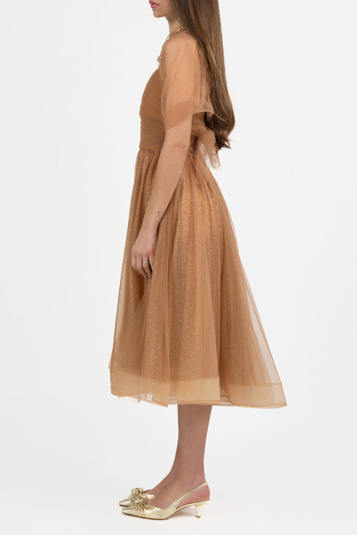 Abito Midi "Sparkle Dream" in Tulle Glitter – Color Caramello - Berti Mode Collection