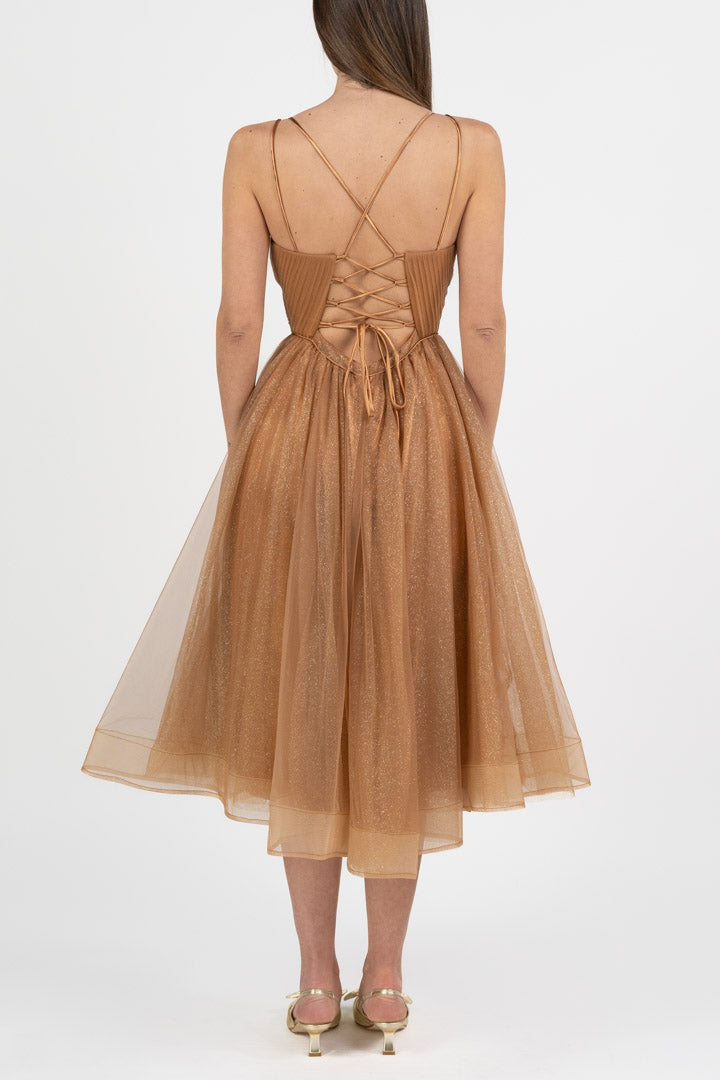 Abito Midi "Sparkle Dream" in Tulle Glitter – Color Caramello - Berti Mode Collection