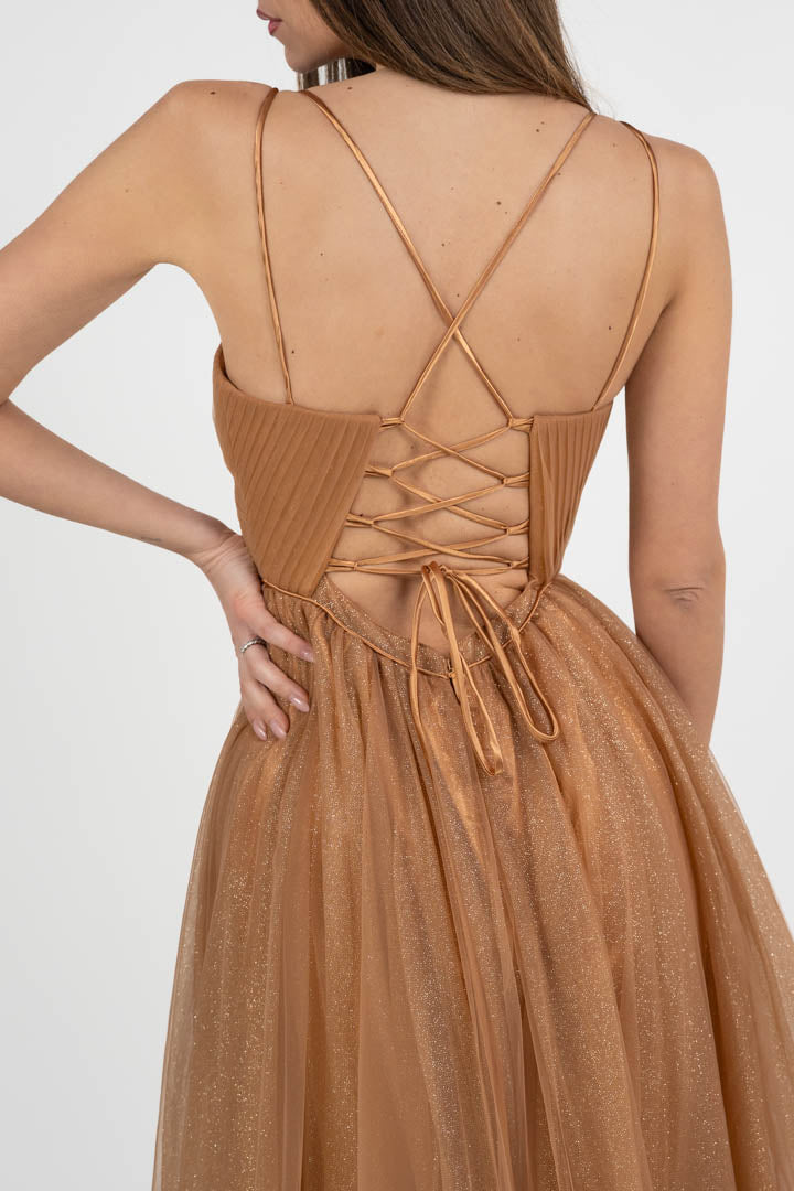 Abito Midi "Sparkle Dream" in Tulle Glitter – Color Caramello - Berti Mode Collection