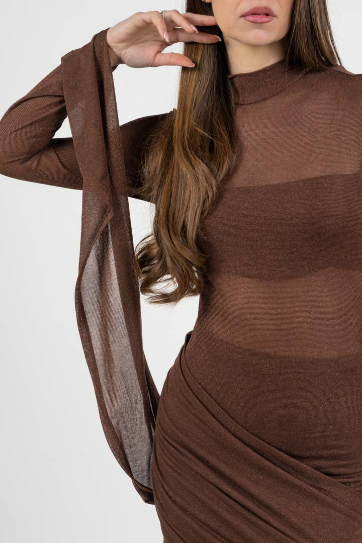 Mini Dress Monospalla Drappeggiato marrone - Berti Mode Collection