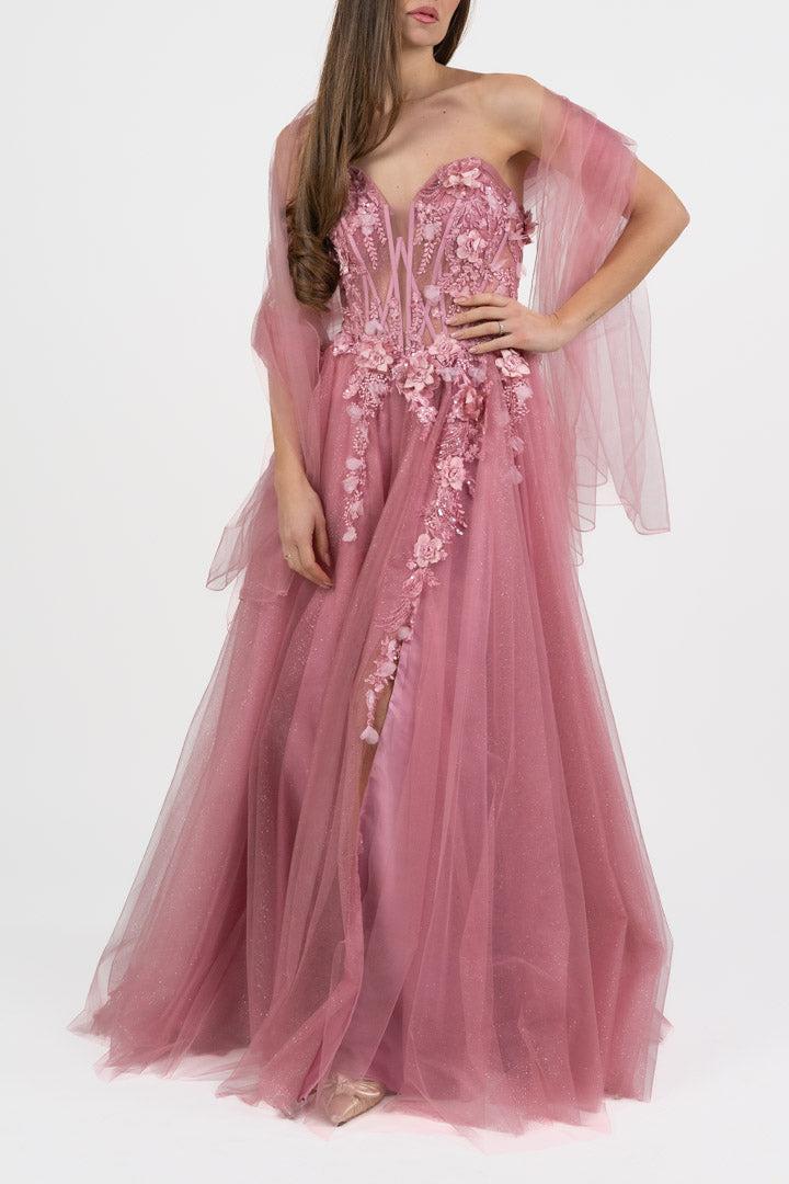 Elegante Abito da Sera Rosa Antico con Fiori 3D - Berti Mode Collection