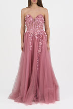 Elegante Abito da Sera Rosa Antico con Fiori 3D - Berti Mode Collection