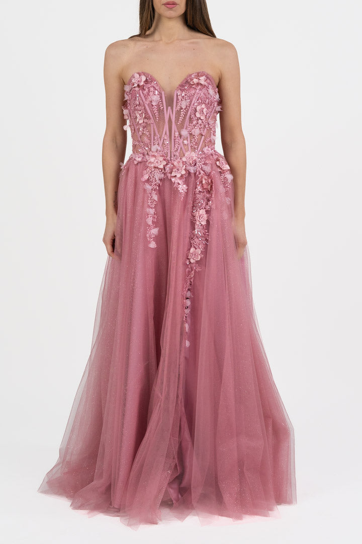 Elegante Abito da Sera Rosa Antico con Fiori 3D - Berti Mode Collection