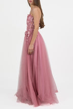 Elegante Abito da Sera Rosa Antico con Fiori 3D - Berti Mode Collection