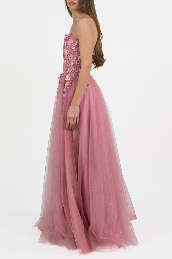 Elegante Abito da Sera Rosa Antico con Fiori 3D - Berti Mode Collection