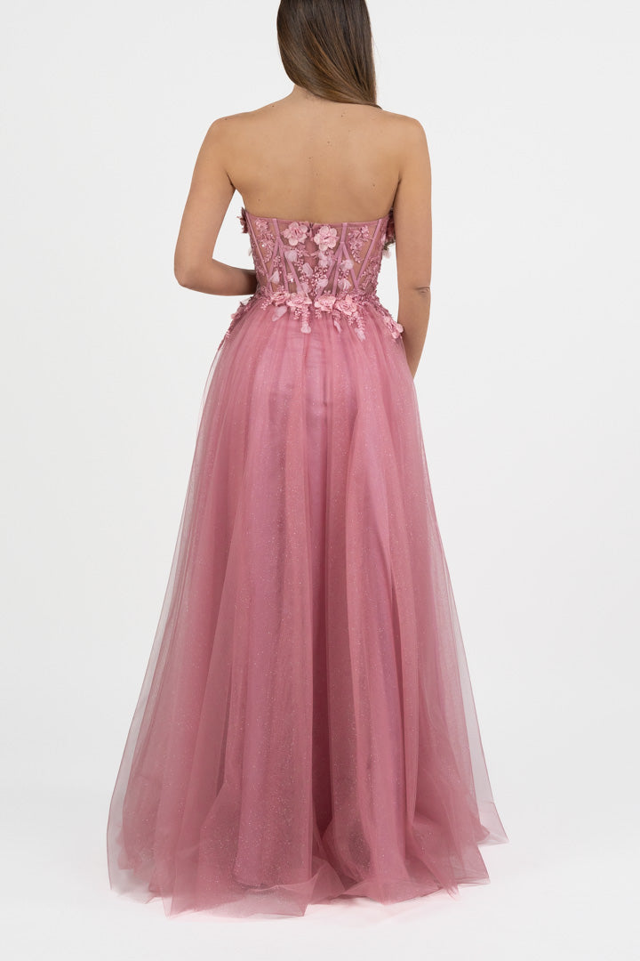 Elegante Abito da Sera Rosa Antico con Fiori 3D - Berti Mode Collection