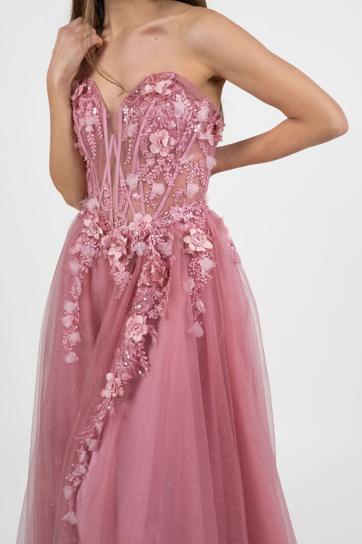 Elegante Abito da Sera Rosa Antico con Fiori 3D - Berti Mode Collection