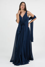 Abito in Chiffon Blu Notte con Dettaglio Floreale - Berti Mode Collection