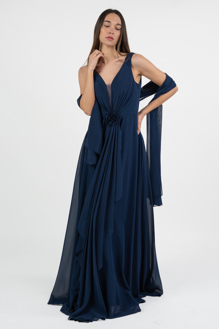 Abito in Chiffon Blu Notte con Dettaglio Floreale - Berti Mode Collection