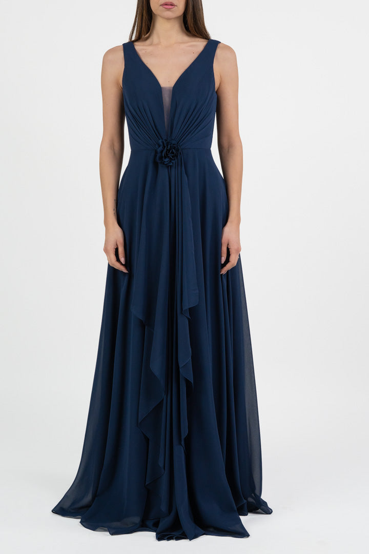 Abito in Chiffon Blu Notte con Dettaglio Floreale - Berti Mode Collection