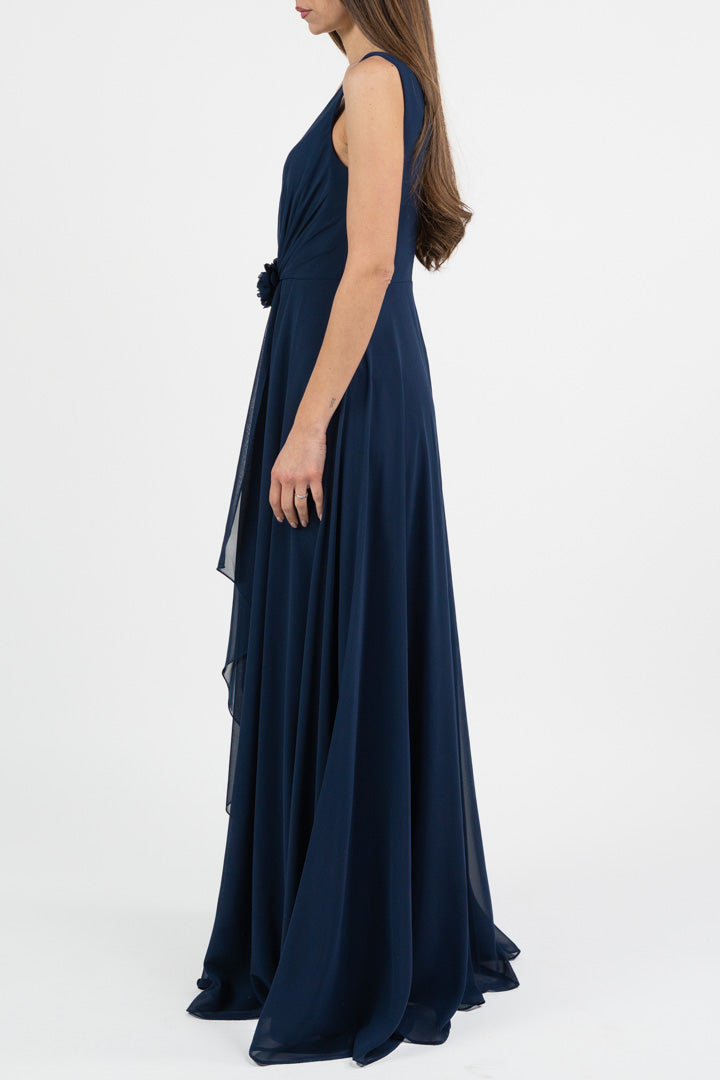 Abito in Chiffon Blu Notte con Dettaglio Floreale - Berti Mode Collection