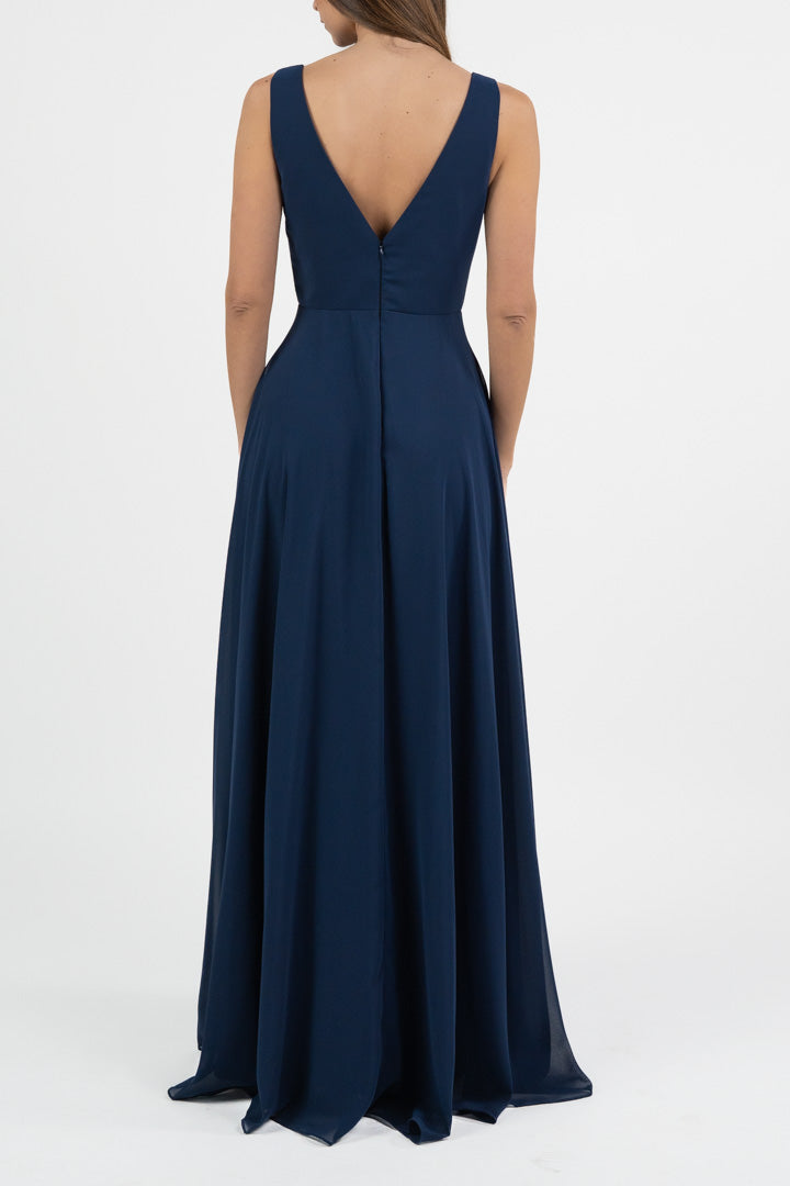 Abito in Chiffon Blu Notte con Dettaglio Floreale - Berti Mode Collection