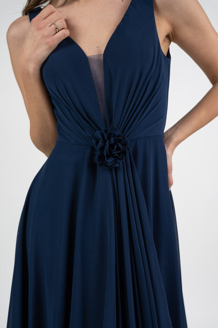 Abito in Chiffon Blu Notte con Dettaglio Floreale - Berti Mode Collection