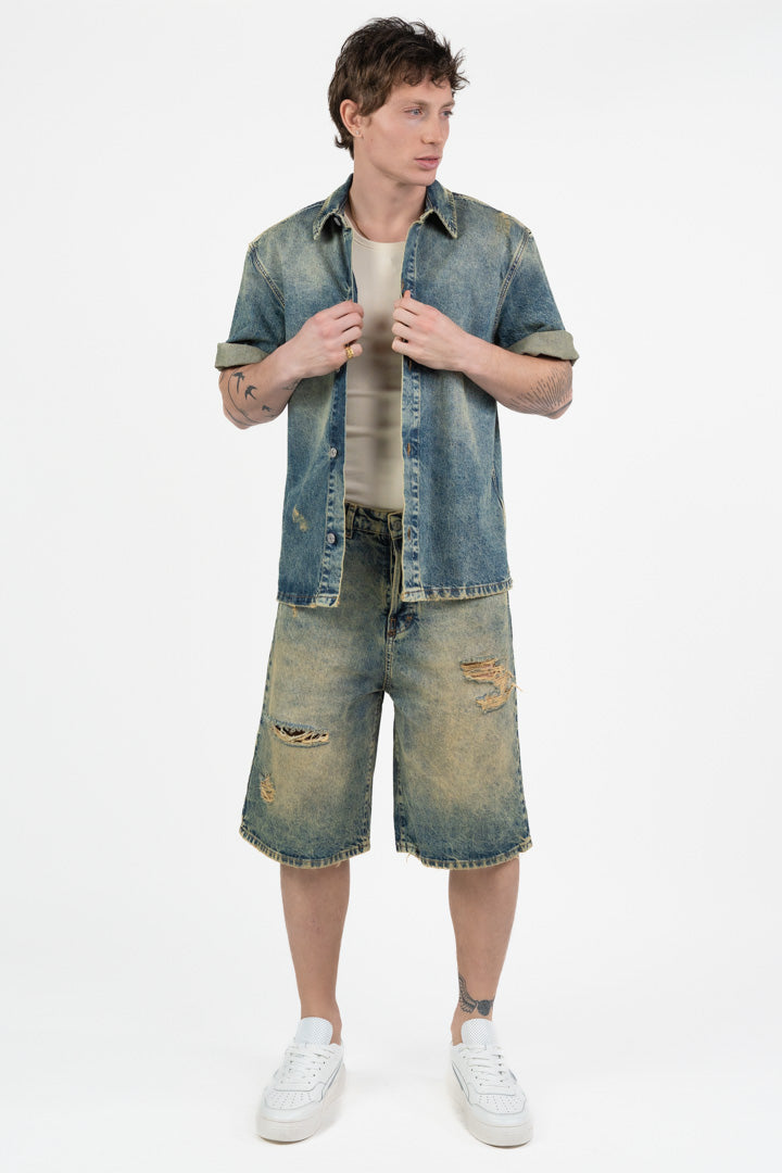 Bermuda Denim con Lavaggio Acid e Strappi - I'm Brian