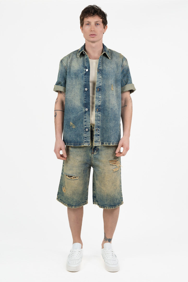 Camicia Denim con Lavaggio Acid e Strappi - I'm Brian