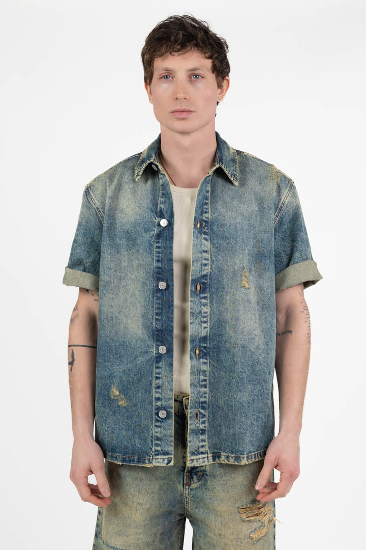 Camicia Denim con Lavaggio Acid e Strappi - I'm Brian