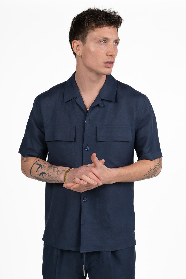 Camicia Bowling Utility in Lino – Blu Navy - Antony Morato