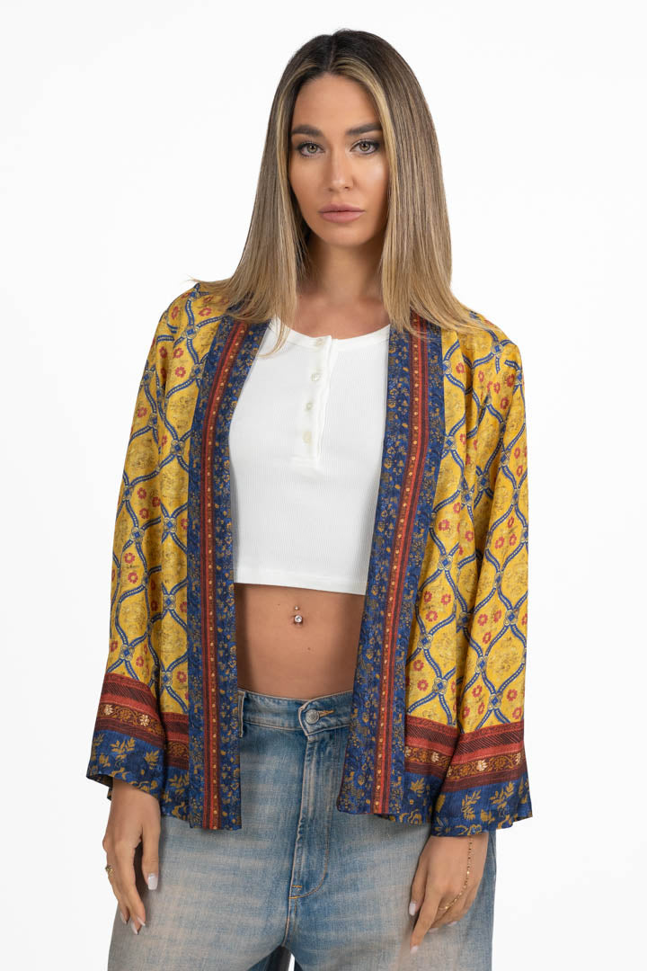Kimono con Stampa Ornamentale – Giallo Zafferano e Blu Avio - Wu Side