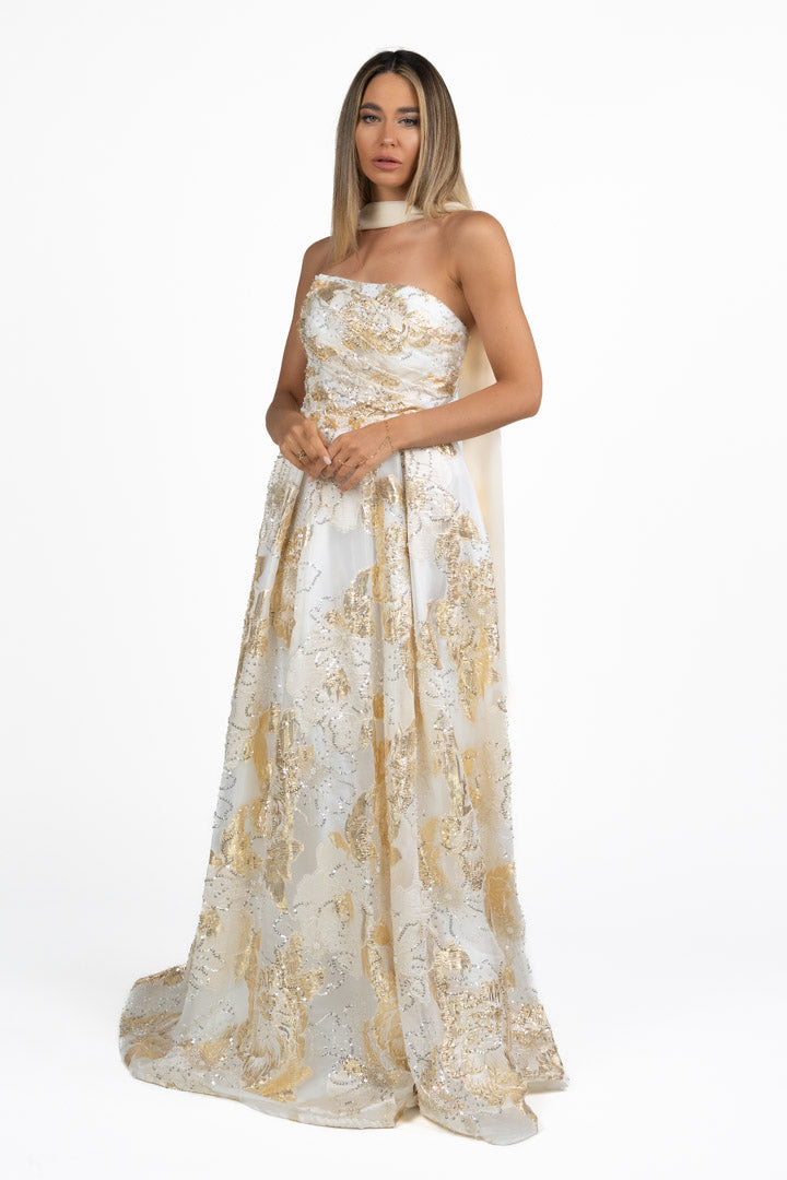 Abito di Gala Broccato Oro e Avorio con Paillettes - Berti Mode Collection