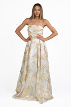 Abito di Gala Broccato Oro e Avorio con Paillettes - Berti Mode Collection