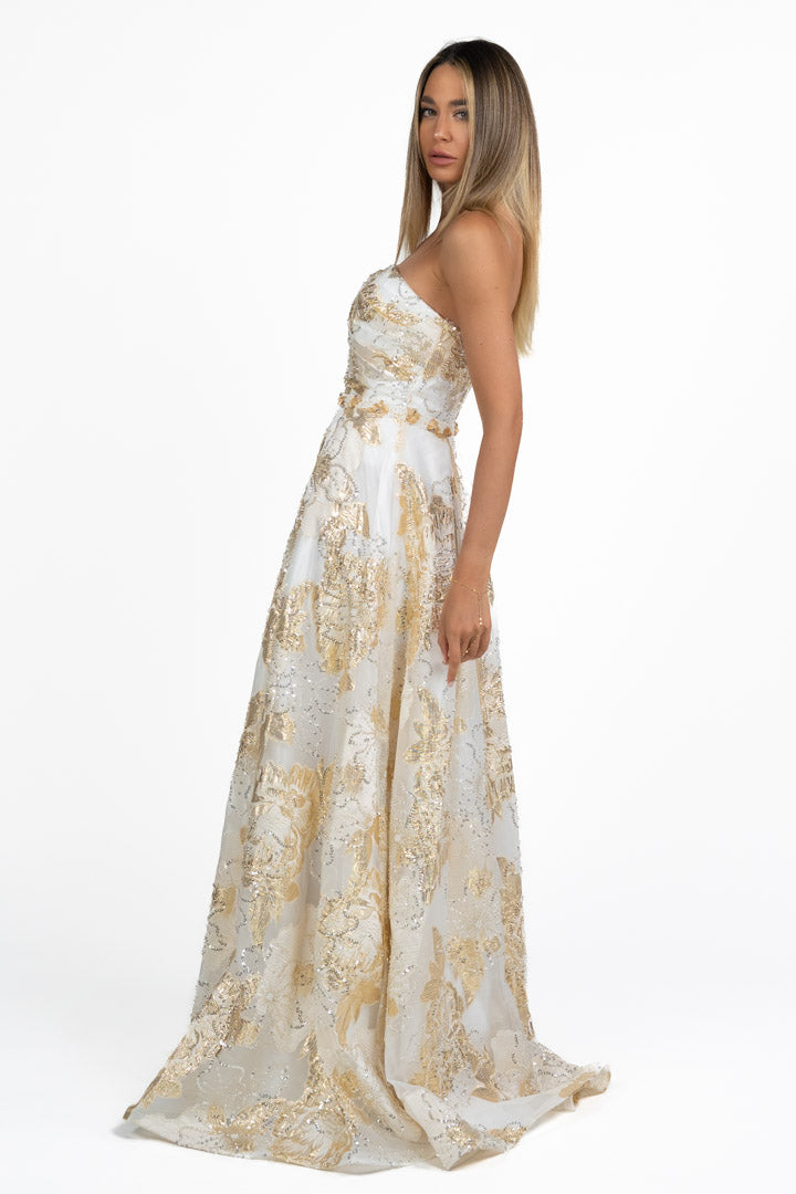 Abito di Gala Broccato Oro e Avorio con Paillettes - Berti Mode Collection