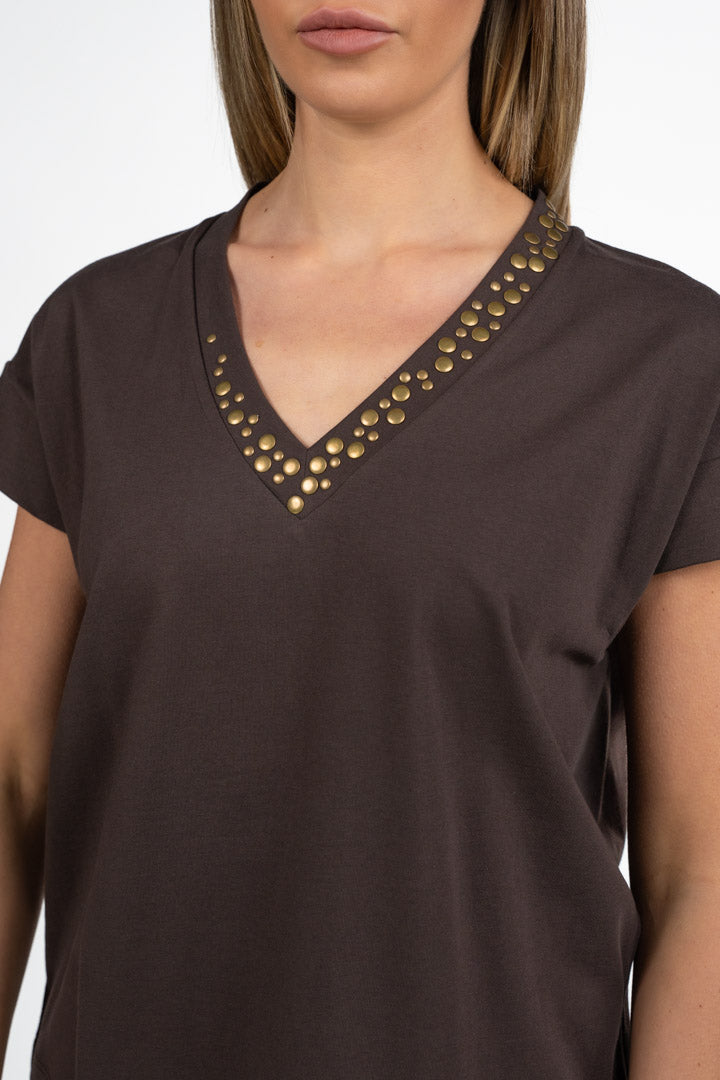 T-shirt con Scollo a V e Borchie - Souvenir