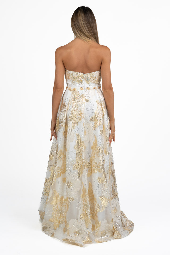 Abito di Gala Broccato Oro e Avorio con Paillettes - Berti Mode Collection