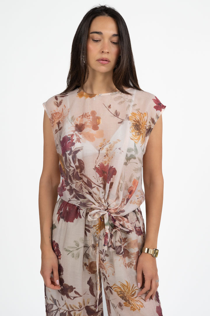 Canotta a Fiori Effetto Chiffon con Nodo - Vicolo
