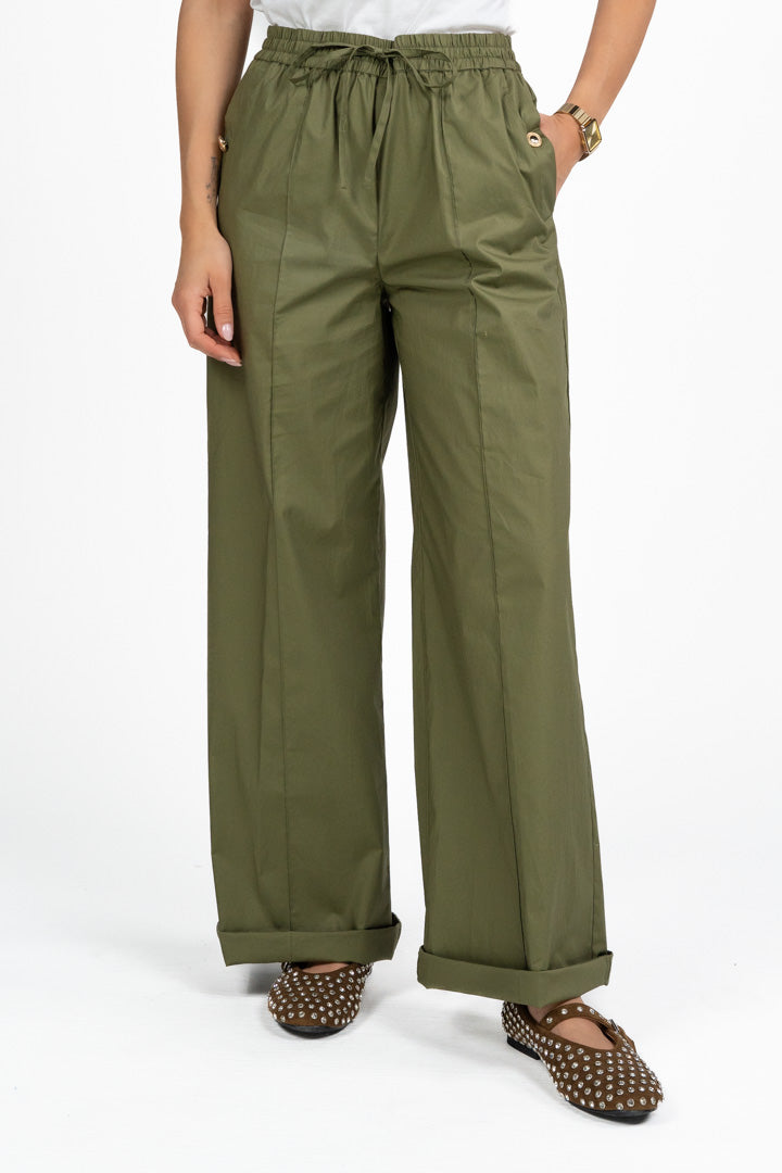 Pantaloni Wide Leg Utility con Coulisse - Verde Militare - Twinset