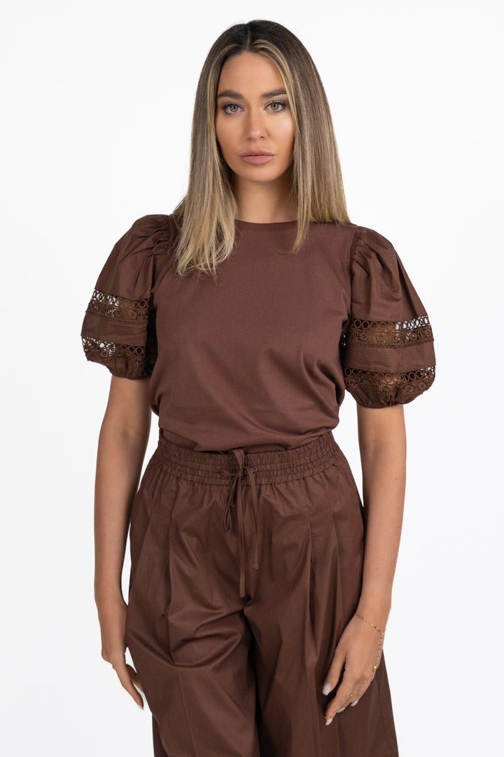 T-shirt con Maniche a Palloncino e Dettagli in Pizzo – Marrone - Twinset
