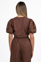 T-shirt con Maniche a Palloncino e Dettagli in Pizzo – Marrone - Twinset