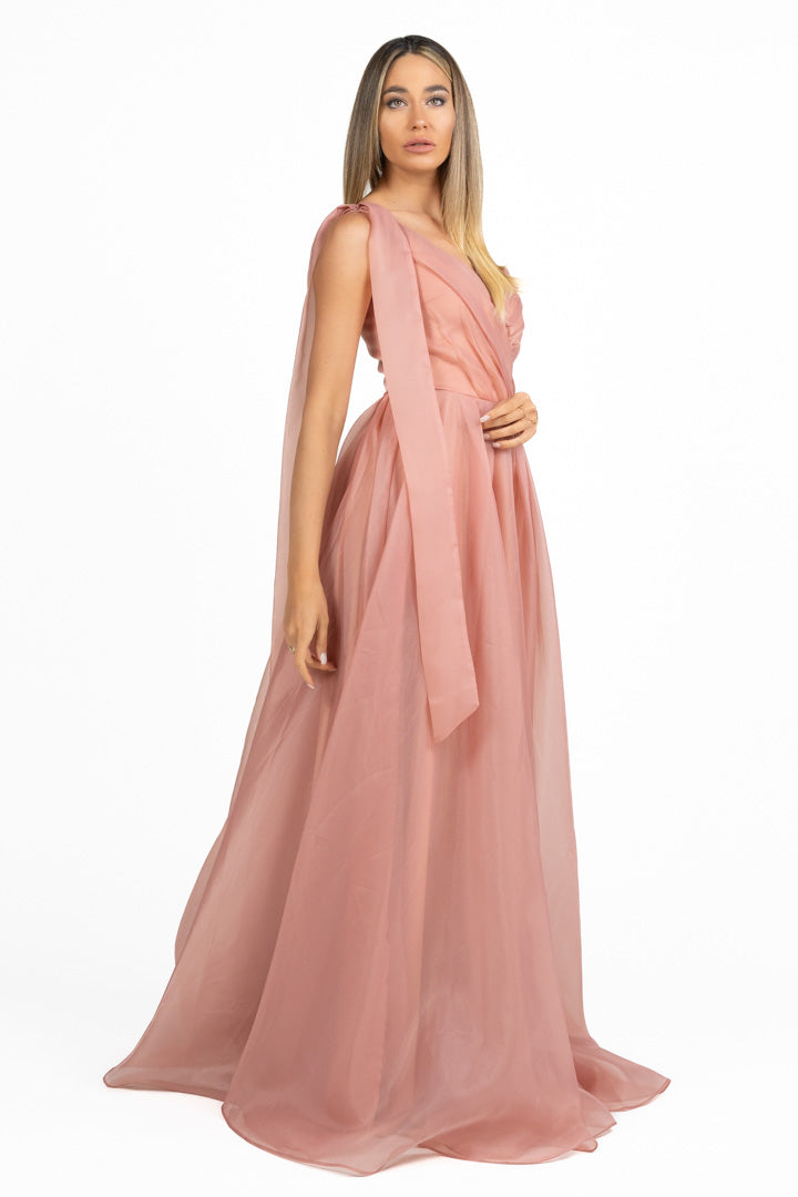 Abito Lungo Cerimonia in Organza Monospalla rosa antico - Berti Mode Collection