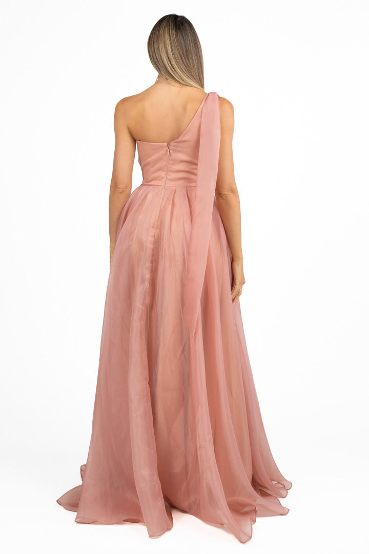Abito Lungo Cerimonia in Organza Monospalla rosa antico - Berti Mode Collection