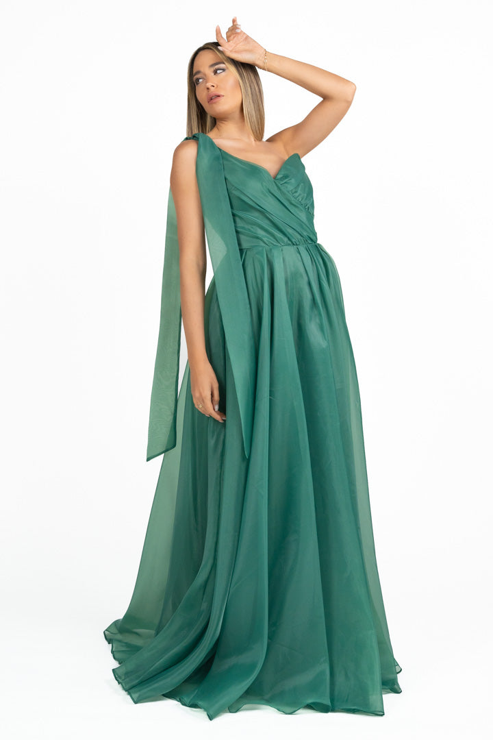 Abito Lungo Cerimonia in Organza Monospalla verde bosco - Berti Mode Collection