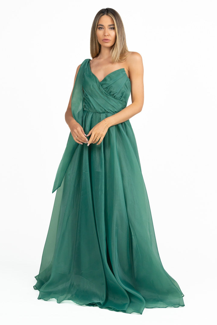 Abito Lungo Cerimonia in Organza Monospalla verde bosco - Berti Mode Collection