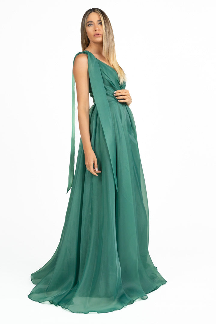 Abito Lungo Cerimonia in Organza Monospalla verde bosco - Berti Mode Collection