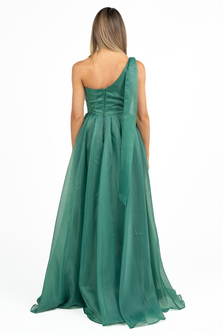 Abito Lungo Cerimonia in Organza Monospalla verde bosco - Berti Mode Collection