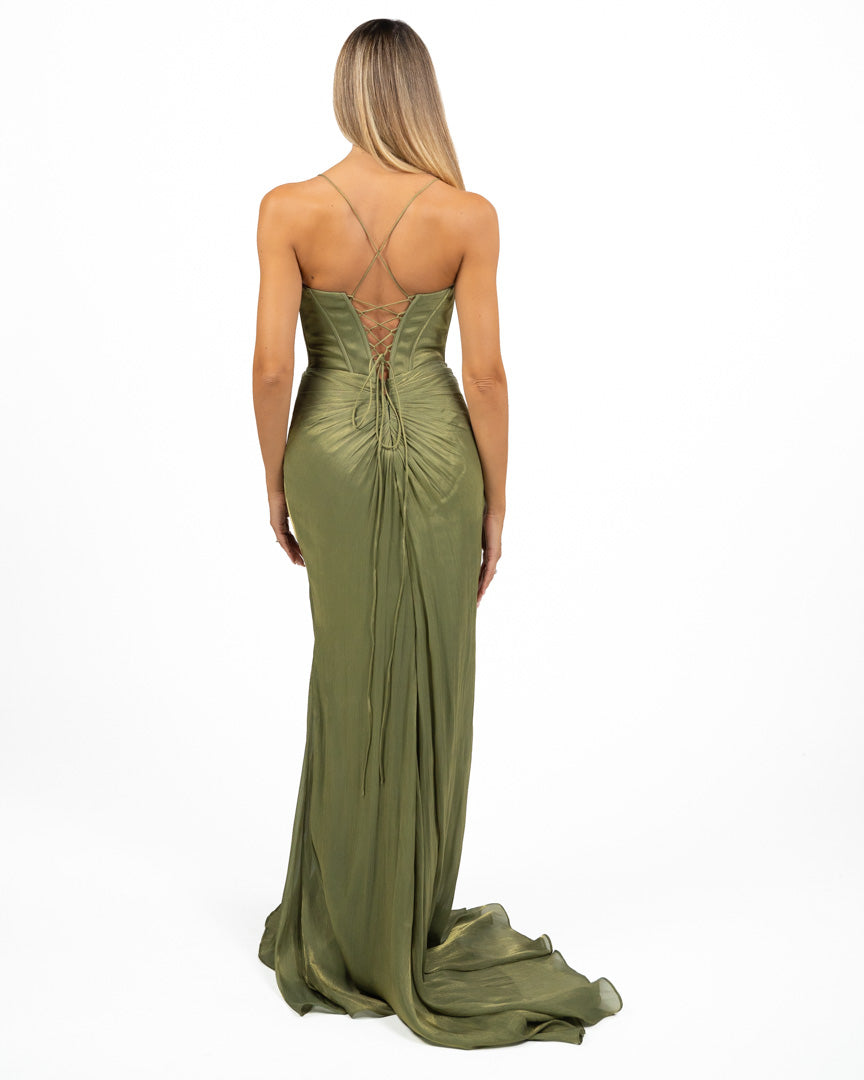 Abito Lungo da Cerimonia Verde Salvia con Corsetto e Drappeggio  - Dea Fea