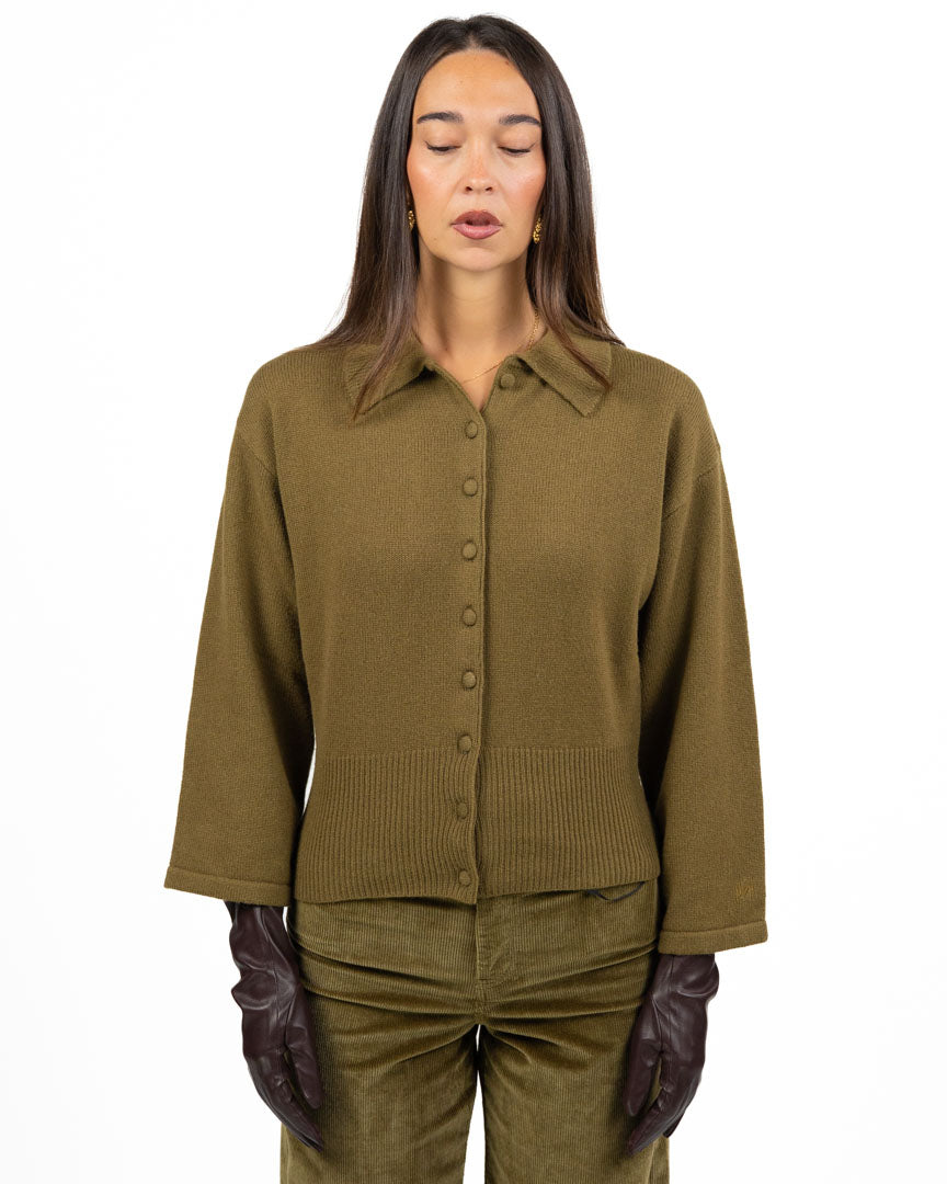 Cardigan in Maglia Verde Oliva con Colletto e Bottoni - Marella