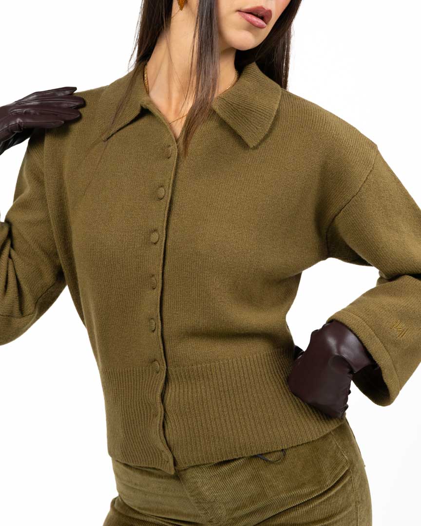 Cardigan in Maglia Verde Oliva con Colletto e Bottoni - Marella