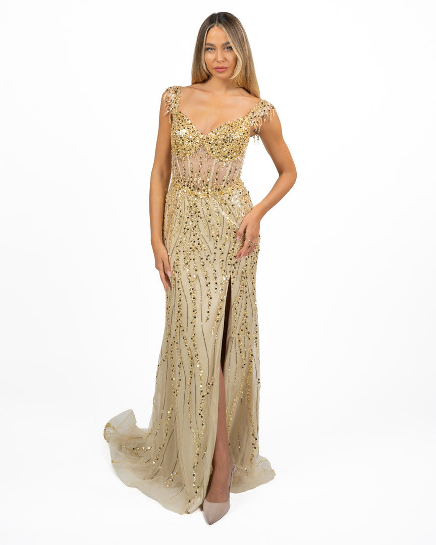 Abito  Dorato con Paillettes e Corsetto - Dea Fea