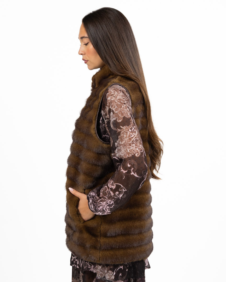 Gilet in Ecopelliccia Lavorazione Orizzontale - Marrone - Emme Marella